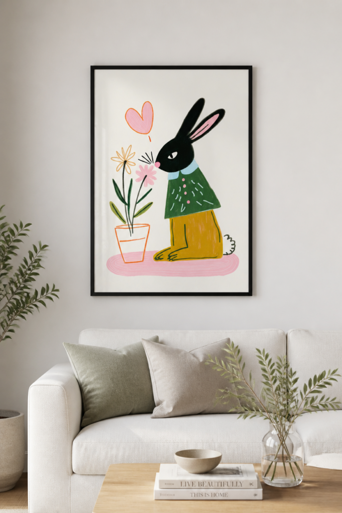 Cute Black Bunny Smelling Flowers Wall Art Print - Children's Nursery Illustration Poster