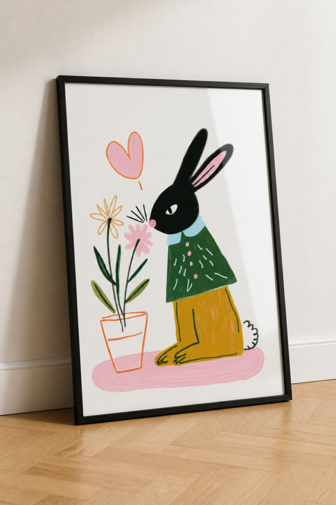 Cute Black Bunny Smelling Flowers Wall Art Print - Children's Nursery Illustration Poster