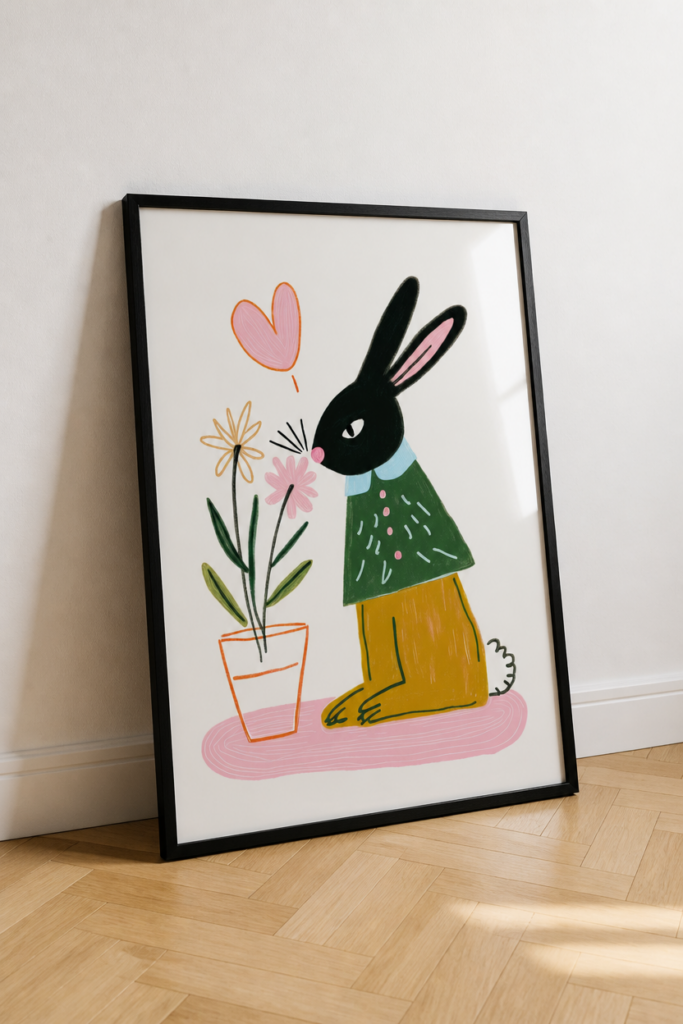 Cute Black Bunny Smelling Flowers Wall Art Print - Children's Nursery Illustration Poster