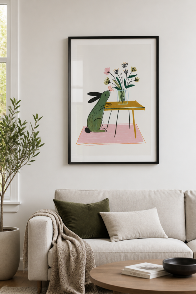 Cute Bunny Smelling Flowers Illustration Wall Art Print - Nursery Decor Poster