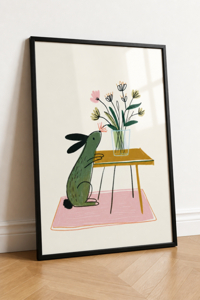 Cute Bunny Smelling Flowers Illustration Wall Art Print - Nursery Decor Poster