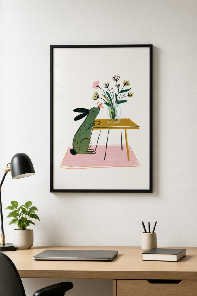 Cute Bunny Smelling Flowers Illustration Wall Art Print - Nursery Decor Poster