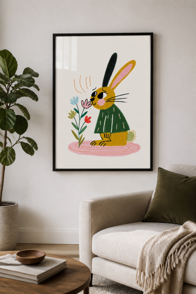 Cute Bunny Smelling Flowers Nursery Wall Art Print | Children's Illustration Poster