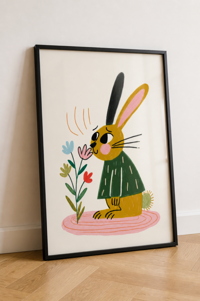Cute Bunny Smelling Flowers Nursery Wall Art Print | Children's Illustration Poster