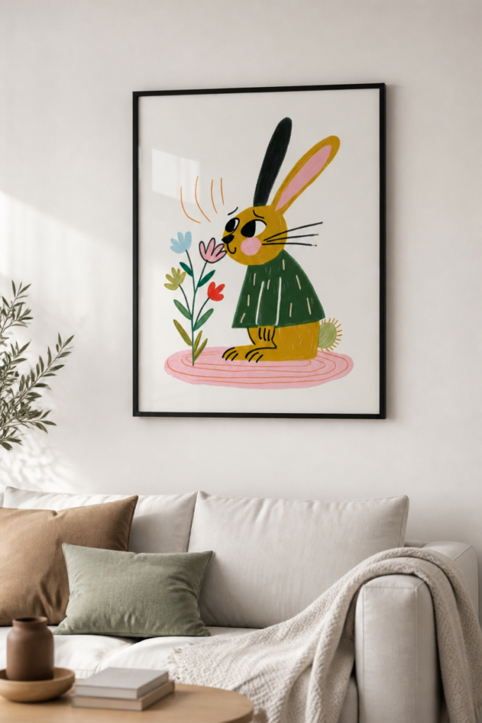 Cute Bunny Smelling Flowers Nursery Wall Art Print | Children's Illustration Poster