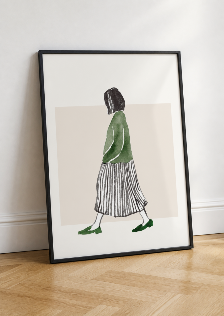 Minimalist Watercolor Woman Walking Art Print - Green Striped Fashion Illustration Poster