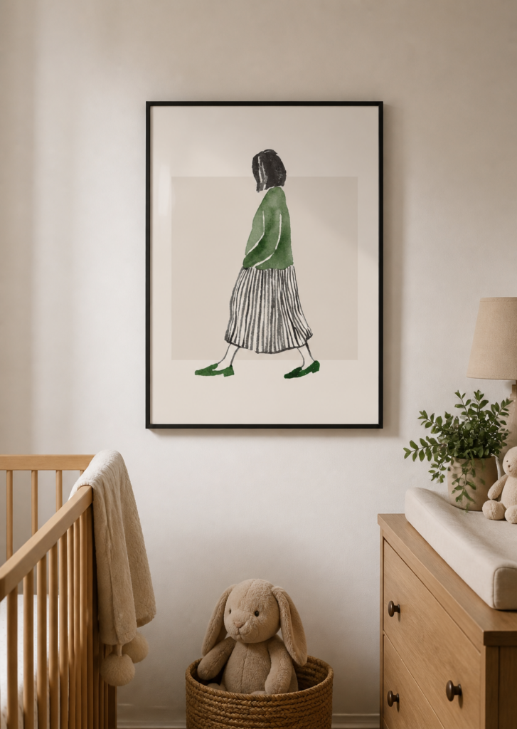 Minimalist Watercolor Woman Walking Art Print - Green Striped Fashion Illustration Poster