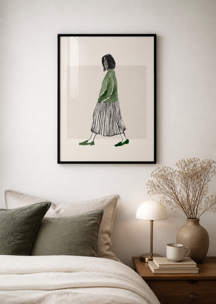 Minimalist Watercolor Woman Walking Art Print - Green Striped Fashion Illustration Poster