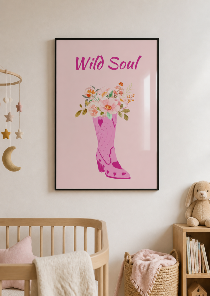 Wild Soul Pink Cowboy Boot Floral Wall Art Poster | Western Boho Nursery Print 50x70cm