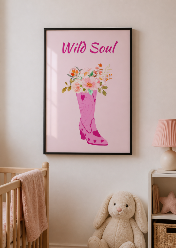 Wild Soul Pink Cowboy Boot Floral Wall Art Poster | Western Boho Nursery Print 50x70cm