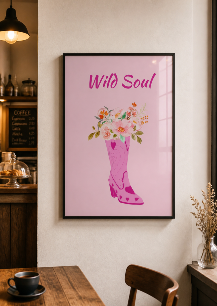 Wild Soul Pink Cowboy Boot Floral Wall Art Poster | Western Boho Nursery Print 50x70cm