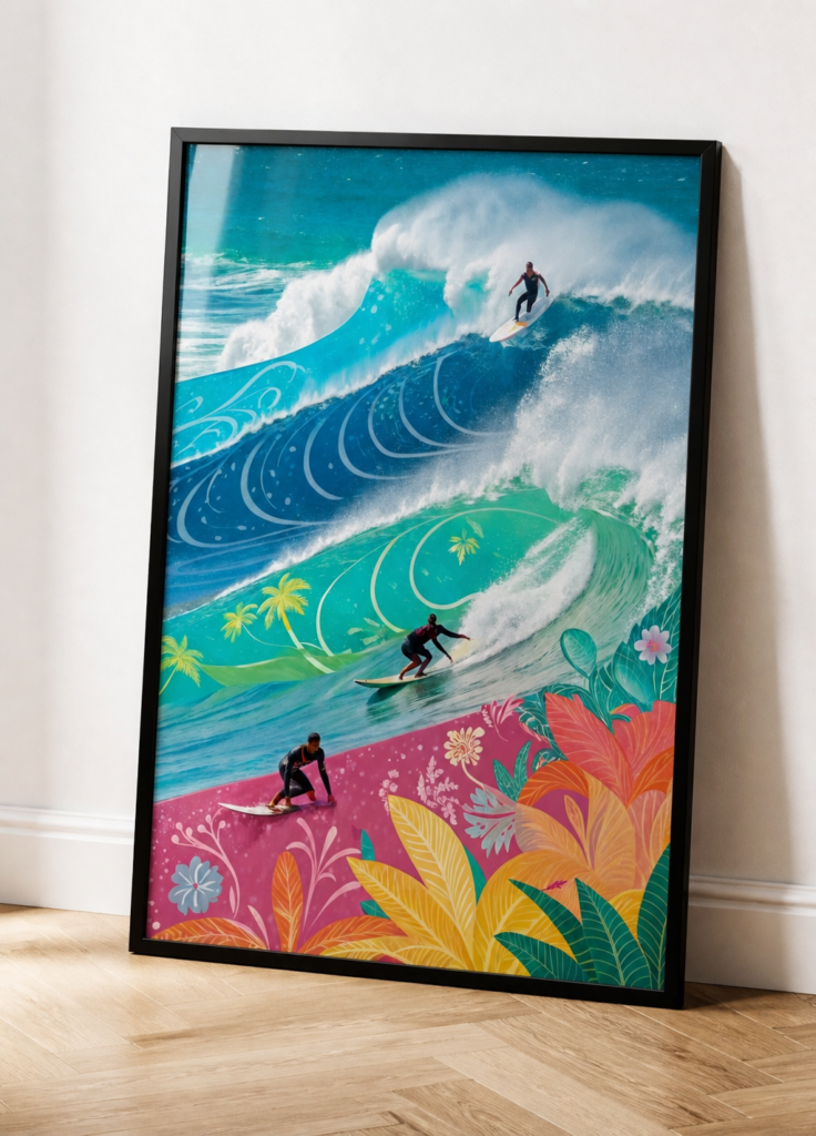 Tropical Surf Wave Poster | Colorful Hawaiian Surfer Wall Art | Ocean Beach Print