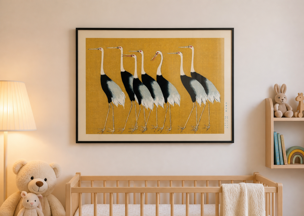 Japanese Cranes Gold Background Art Print – Traditional Woodblock Style Poster