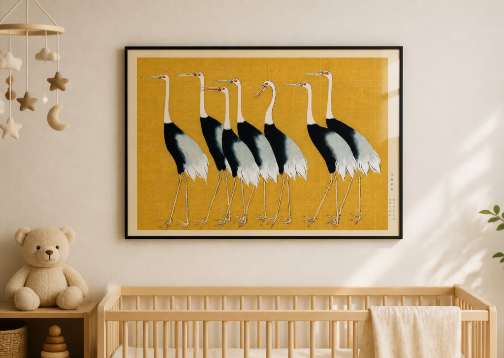 Japanese Cranes Gold Background Art Print – Traditional Woodblock Style Poster
