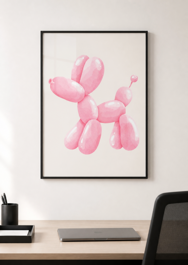 Pink Balloon Dog Watercolor Wall Art Print - Minimalist Nursery Decor Poster