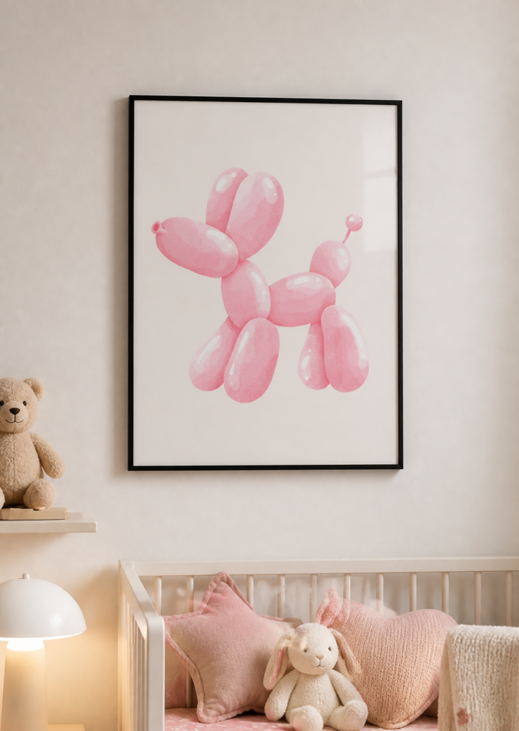 Pink Balloon Dog Watercolor Wall Art Print - Minimalist Nursery Decor Poster