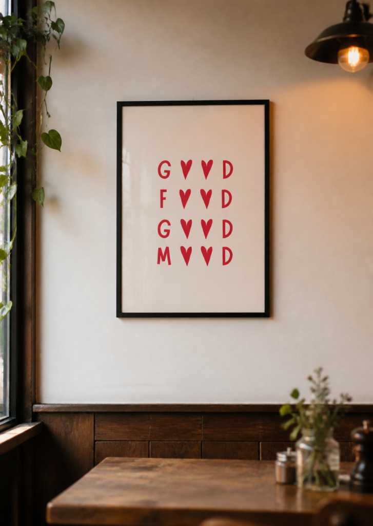 Good Food Good Mood Heart Print | Minimalist Kitchen Wall Art Poster | Red Typography Print
