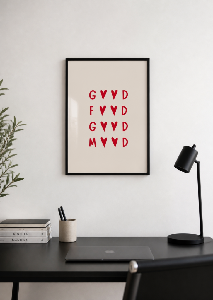 Good Food Good Mood Heart Print | Minimalist Kitchen Wall Art Poster | Red Typography Print