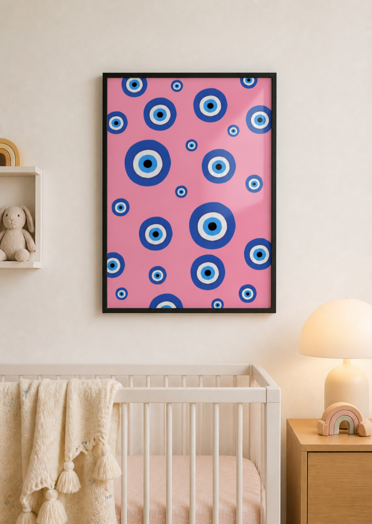 Evil Eye Pattern Poster – Blue Nazar Amulet on Pink Background Wall Art Print 50x70cm