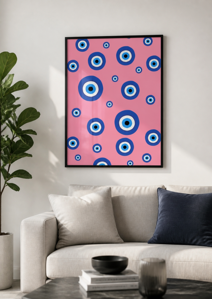 Evil Eye Pattern Poster – Blue Nazar Amulet on Pink Background Wall Art Print 50x70cm