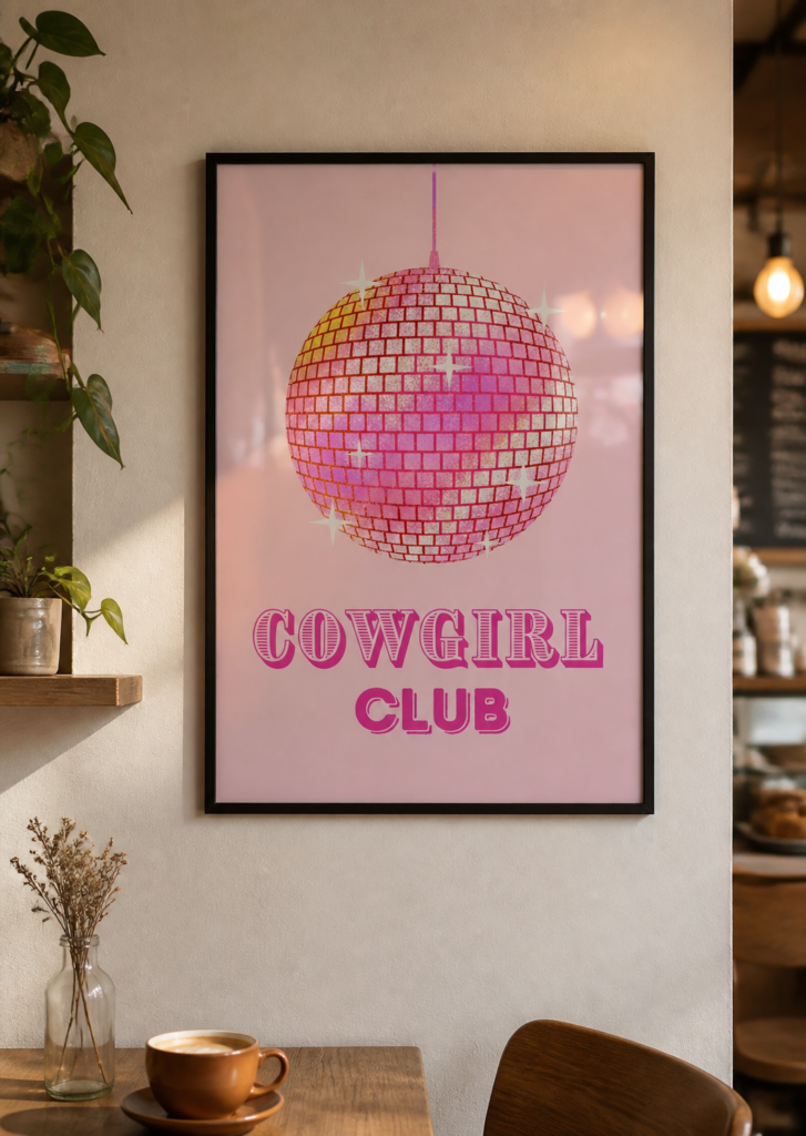 Cowgirl Club Pink Disco Ball Wall Art Poster | Retro Western Disco Print | Trendy Girly Room Decor